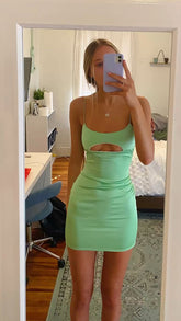 Satin Cut-Out Sleeveless Mini Homecoming Dress with Built-In Bra